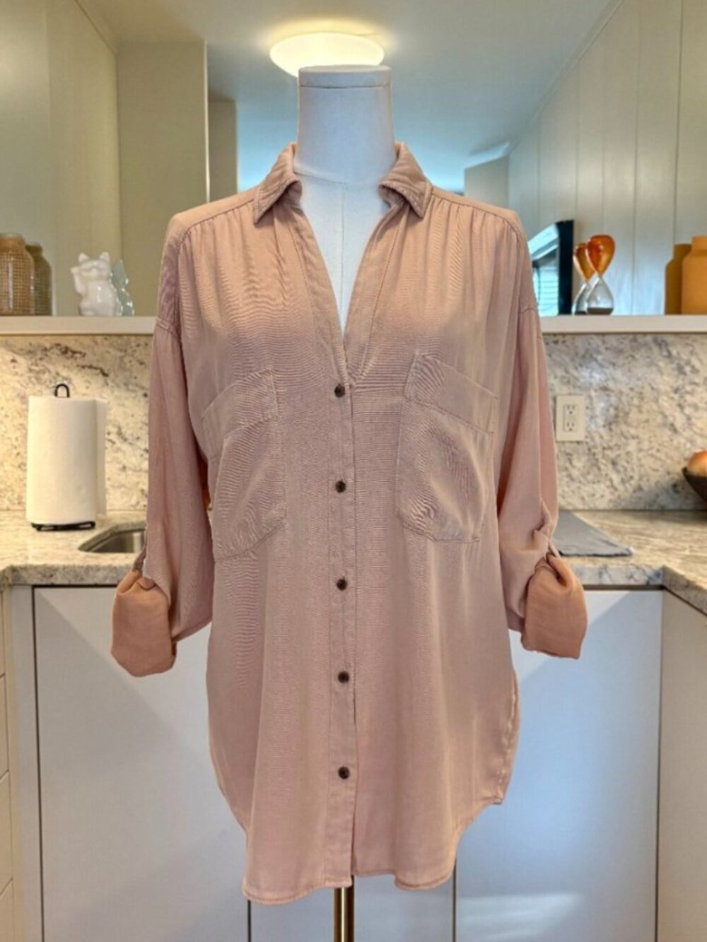 ZARA Blush Pink Roll-Sleeve Utility Button Down Shirt Blouse - Size Small